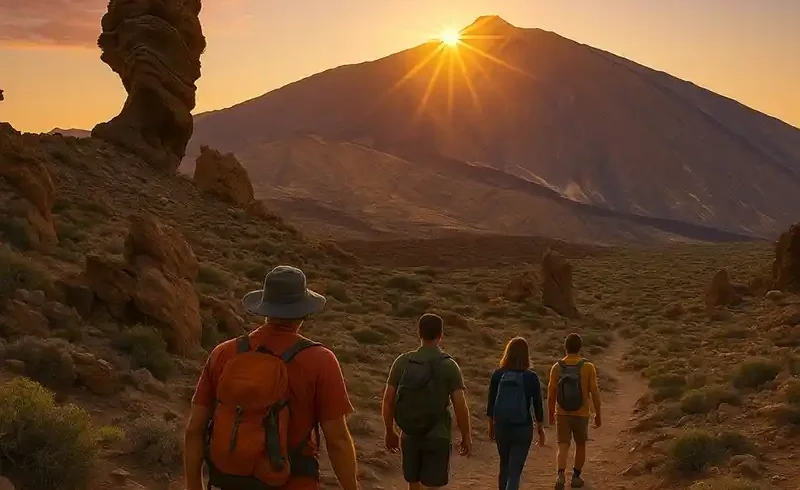 Dramatic sunrise over Mount Teide volcano peak and Roque Cinchado, Tenerife