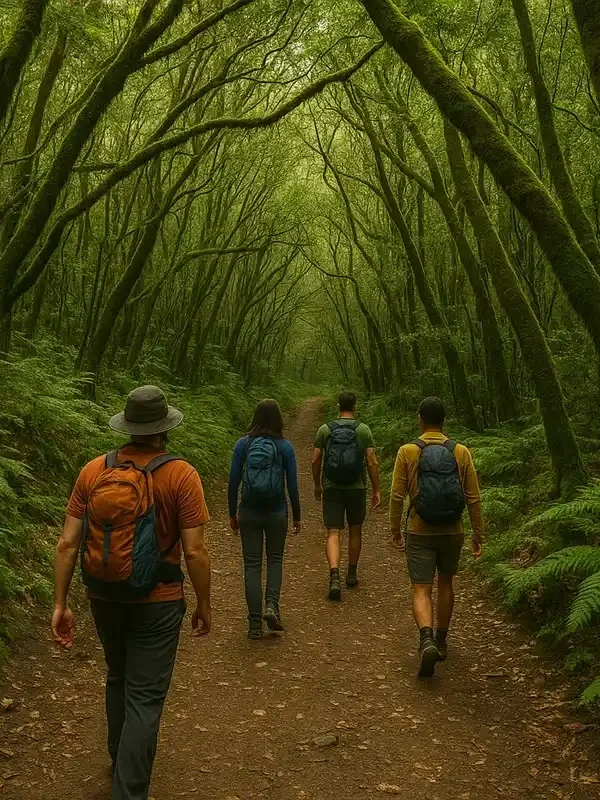 Hikers walking through dense laurel forest on Garajonay National Park trail, La Gomera