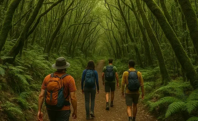 Hikers walking through dense laurel forest on Garajonay National Park trail, La Gomera